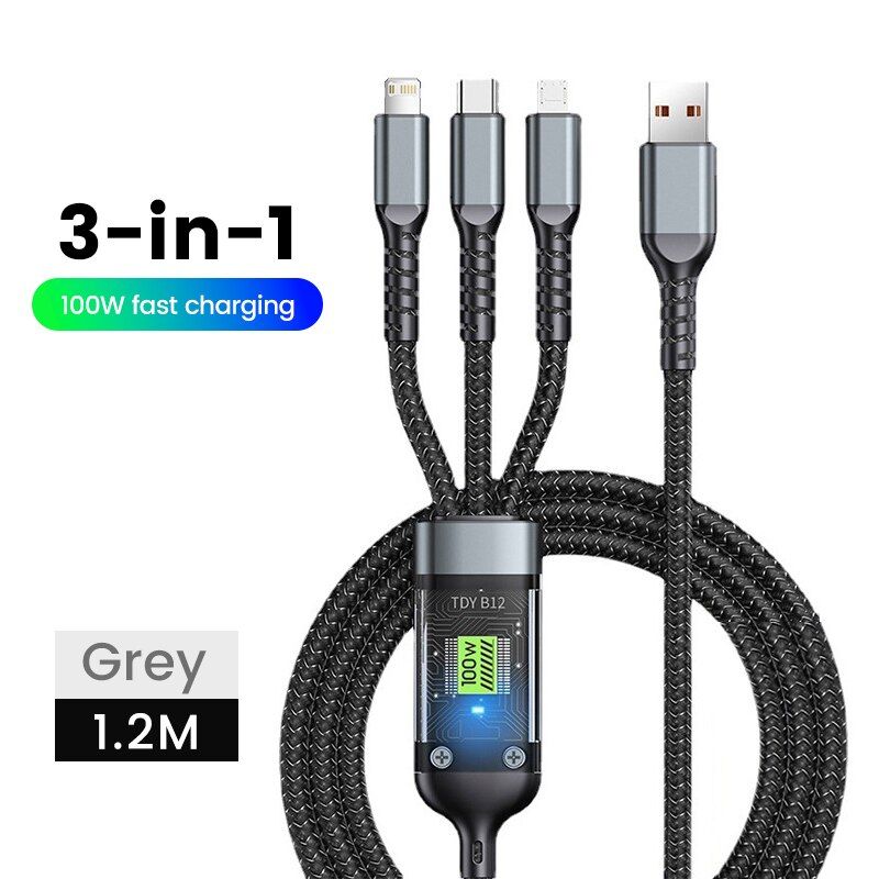 3-in-1 100W 5A Fast Charging USB To Type-C Micro Fast Charger Cable For iPhone 14 13 Samsung Xiaomi Huawei iPhone 14 13