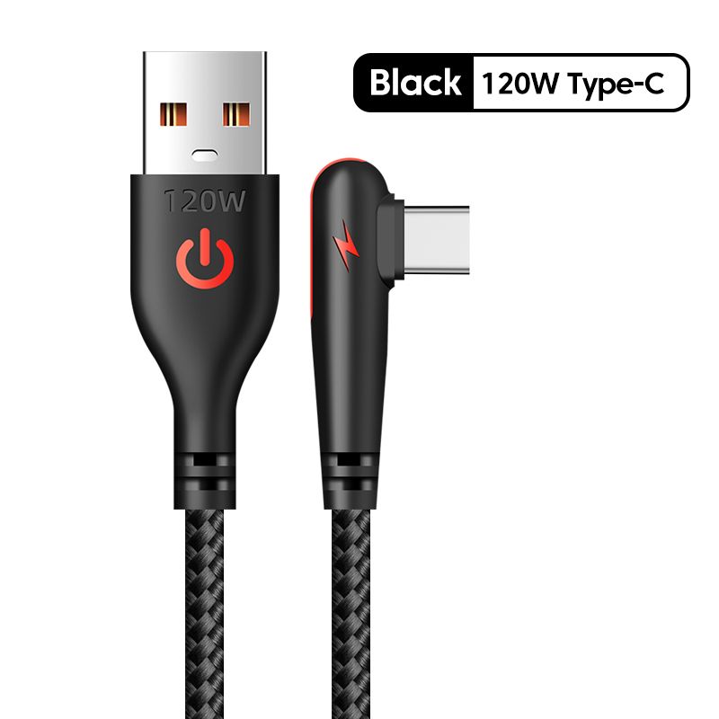 Crouch 90 Degree USB Type C Cable 120W Fast Charging USB C Elbow Data Cord For Samsung Xiaomi Huawei Gaming Type C Charger Cable