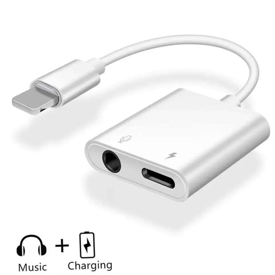 2in1 Audio Adapter for iPhone 11 12 Pro Max XS Aux Jack Headset Lighting 3.5mm to Headphone Splitter Charging Earphone Cable